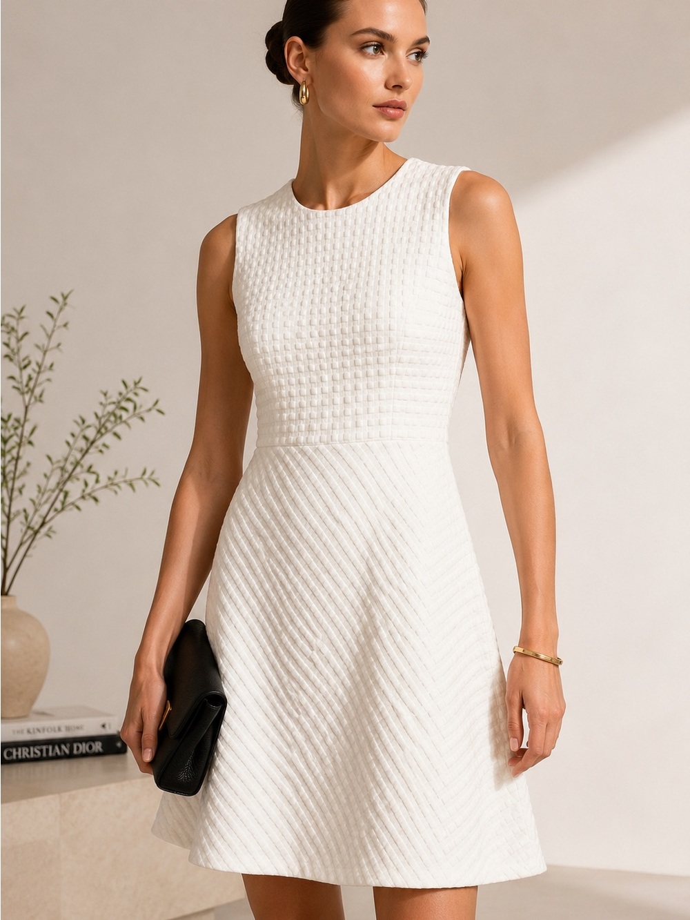 Theory Raneid K Contextual Textured A-Line Dress – White – Size 6